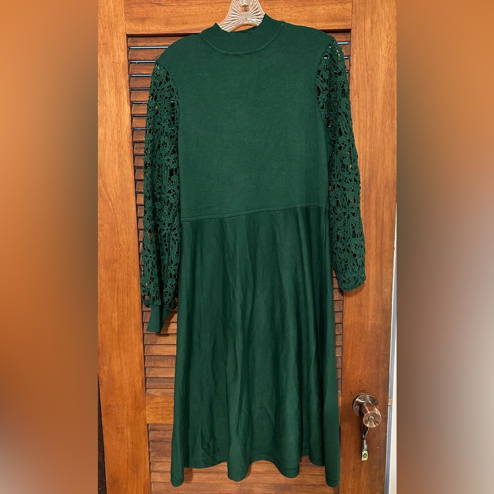 NWOT NINA LEONARD Holiday Festive Sweater Dress w Crocheted Floral Sleeves Sz M
